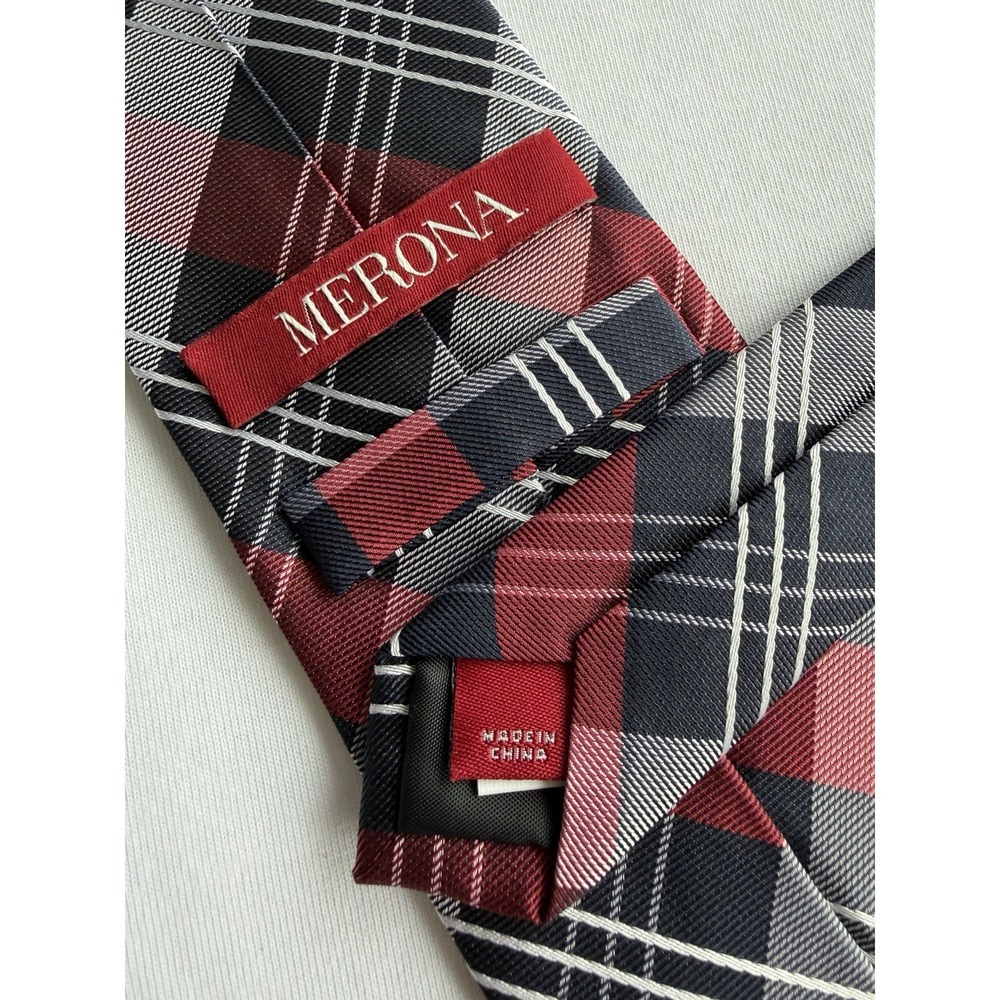 Merona Red Navy Plaid Check Tartan 100% Silk Tie Necktie 57.5 x 3.25